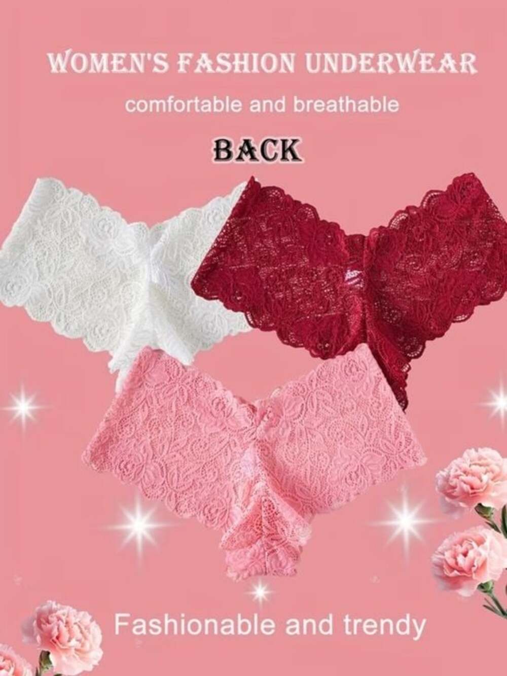 3 Lace Bikini Briefs - White, Burgundyw & Pink - Women's Intimates Size Medium - Picture 3 of 4